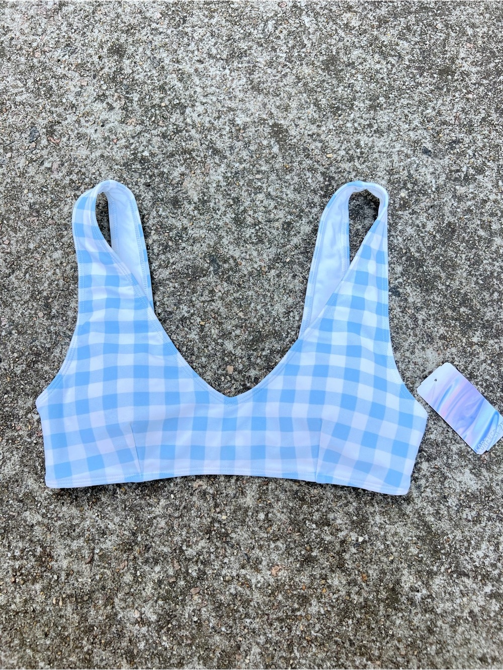NWT Forever 21 Light Blue White Gingham Bikini Bralette Top V Neck Size S